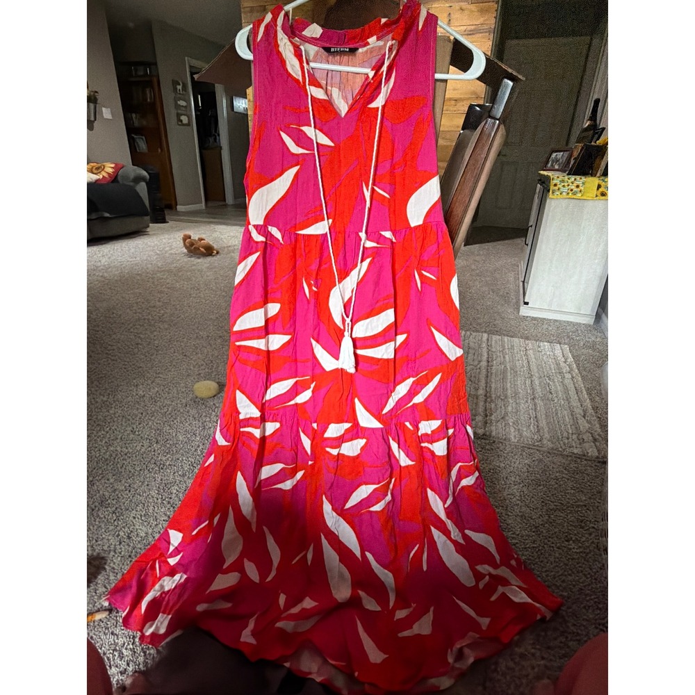BTFBM Womens Tropical Leaf Print Tiered Maxi Dress Pink Orange Boho Tassel Small